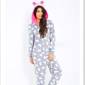 Forever 21 Gray Onesie with White Bunnies and Hot Pink Bunny Ears